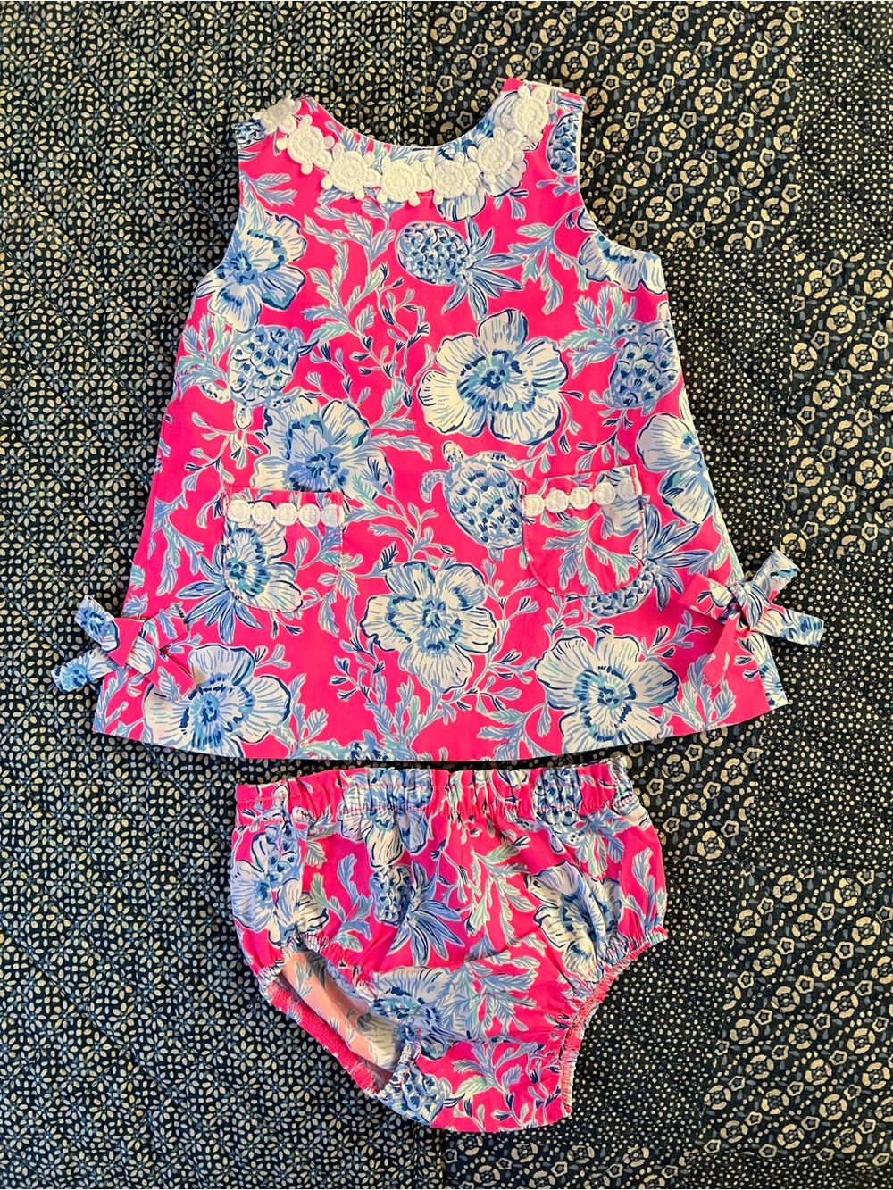 NWOT Lilly Pulitzer Hot Pink & Blue Floral Dress with Matching Bloomers 6-12m